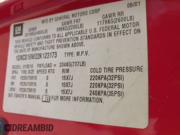 2002 Chevrolet Blazer LS с VIN 1GNCS18W22K123173, выставлен на аукционе IAAI как лот 42676108 с пробегом 184 697 миль миль и . История ставок и продаж доступна на DreamBid. Изображение 9.