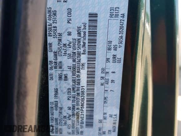 2008 Ford Econoline Cargo with VIN 1FBNE31P58DB39831, listed as a Copart auction lot 66421624 with Not provided miles and Non repairable. Bid and sale history available at DreamBid. Image 13.