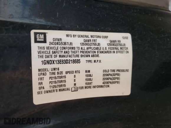 2003 Chevrolet Venture Warner Bros 1SE z VIN 1GNDX13E83D218685, wystawiony jako Copart lot #70247624 z przebiegiem 170 386 mil mil oraz Nie do naprawy • Non repairable. Historia ofert i sprzedaży dostępna na DreamBid. Obrazek 13.
