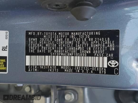 2021 Toyota Corolla L с VIN 5YFDPMAE8MP195890, выставлен на аукционе Copart как лот 68078225 с пробегом 182 713 миль миль и Чистый • Clean title. История ставок и продаж доступна на DreamBid. Изображение 12.