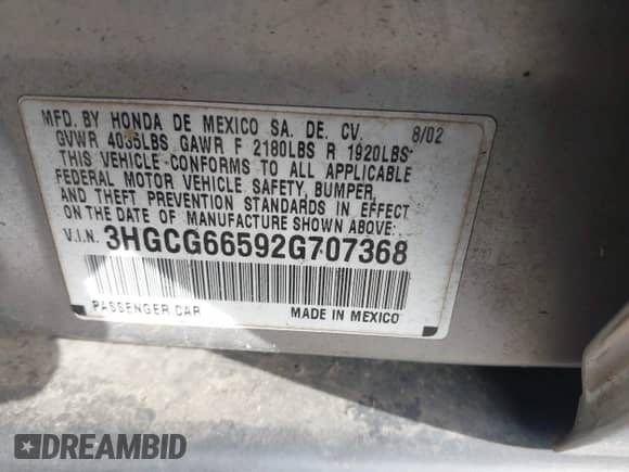 2002 Honda Accord LX with VIN 3HGCG66592G707368, listed as a IAAI auction lot 41913526 with 100,454 mi miles and . Bid and sale history available at DreamBid. Image 9.