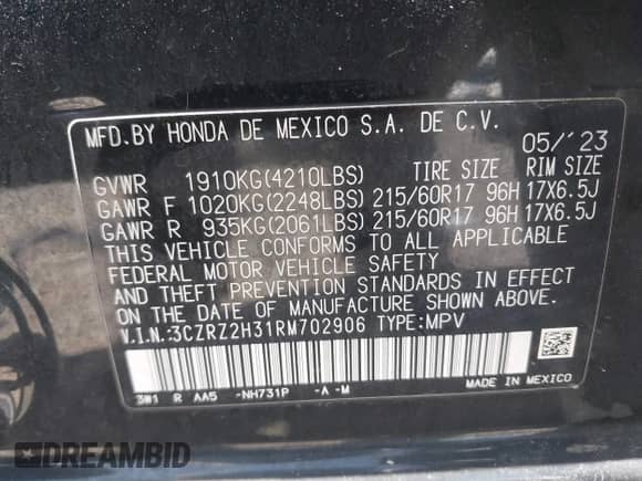 2024 Honda HR-V LX with VIN 3CZRZ2H31RM702906, listed as a IAAI auction lot 42782590 with 148,023 mi miles and . Bid and sale history available at DreamBid. Image 9.