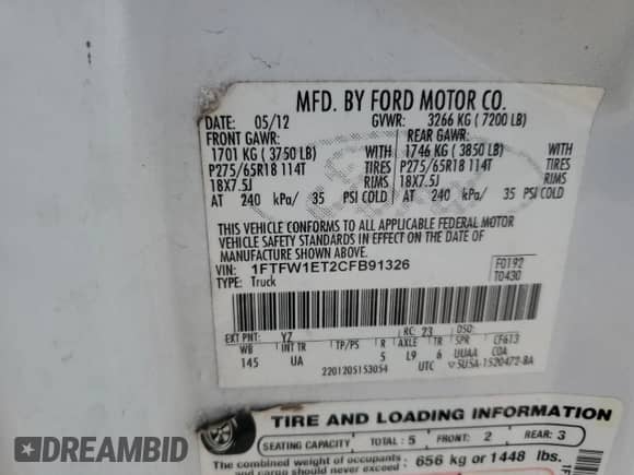 2012 Ford F-150 XL with VIN 1FTFW1ET2CFB91326, listed as a Copart auction lot 64318435 with 207,876 mi miles and Salvage title. Bid and sale history available at DreamBid. Image 12.