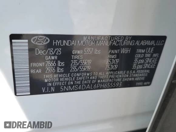 2023 Hyundai Santa Fe Limited z VIN 5NMS4DAL6PH655593, wystawiony jako Copart lot #67902385 z przebiegiem 12 858 mil mil oraz Szkoda całkowita • Salvage title. Historia ofert i sprzedaży dostępna na DreamBid. Obrazek 14.