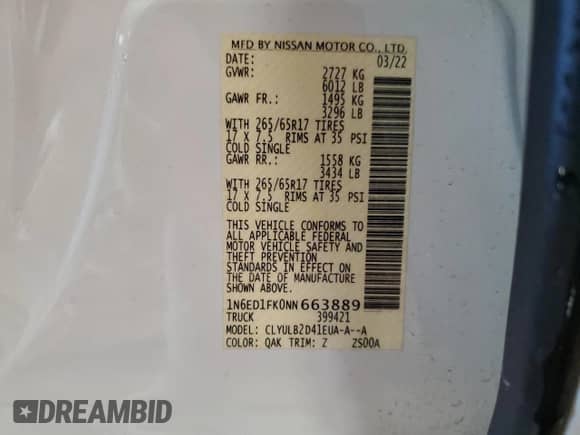 2022 Nissan Frontier S with VIN 1N6ED1FK0NN663889, listed as a Copart auction lot 60698635 with Not provided miles and Salvage title. Bid and sale history available at DreamBid. Image 13.