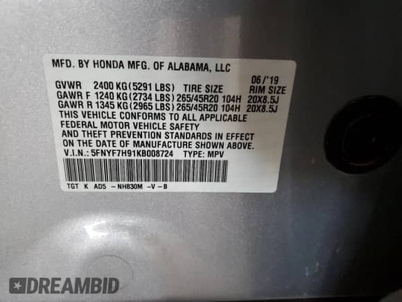 2019 Honda Passport Touring with VIN 5FNYF7H91KB008724, listed as a Copart auction lot 80562725 with 71,737 mi miles and Salvage title. Bid and sale history available at DreamBid. Image 12.