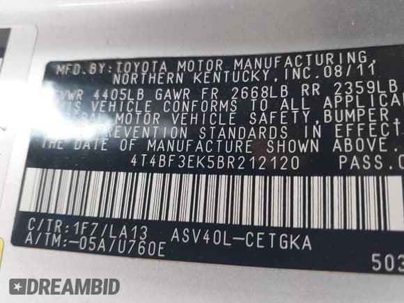 2011 Toyota Camry LE с VIN 4T4BF3EK5BR212120, выставлен на аукционе IAAI как лот 42832583 с пробегом 174 355 миль миль и . История ставок и продаж доступна на DreamBid. Изображение 9.