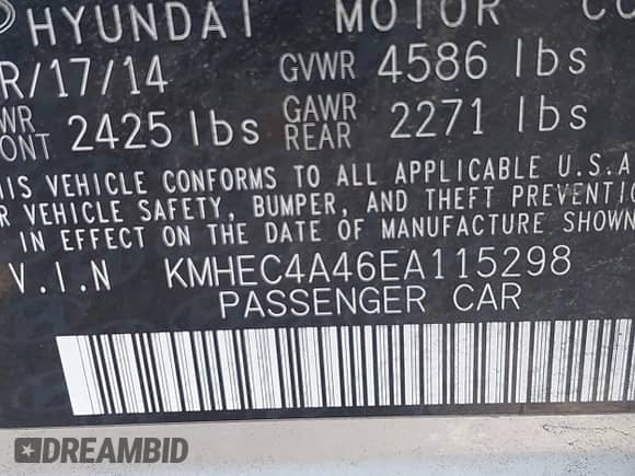 2014 Hyundai Sonata z VIN KMHEC4A46EA115298, wystawiony jako IAAI lot #42920699 z przebiegiem 198 168 mil mil oraz . Historia ofert i sprzedaży dostępna na DreamBid. Obrazek 9.