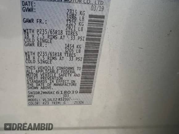 2019 Nissan Pathfinder S with VIN 5N1DR2MN6KC618039, listed as a Copart auction lot 71586925 with 121,977 mi miles and Salvage title. Bid and sale history available at DreamBid. Image 13.