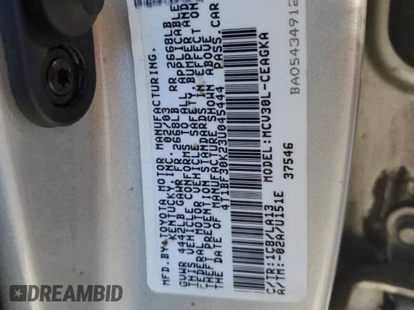 2003 Toyota Camry LE с VIN 4T1BF30K23U045444, выставлен на аукционе Copart как лот 69788145 с пробегом 204 433 миль миль и Списание • Salvage title. История ставок и продаж доступна на DreamBid. Изображение 12.