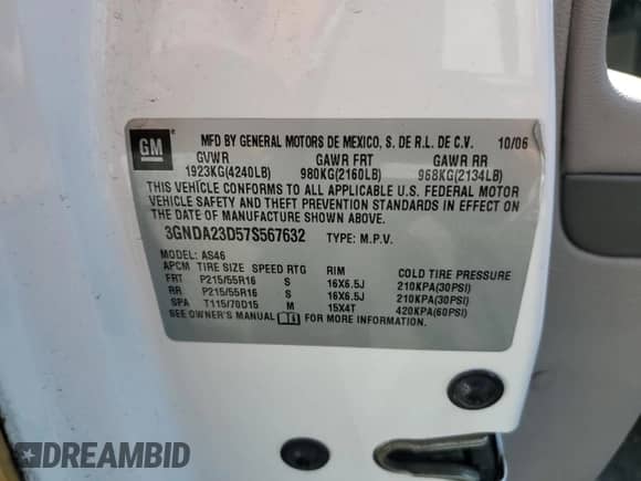 2007 Chevrolet HHR LT с VIN 3GNDA23D57S567632, выставлен на аукционе Copart как лот 80547445 с пробегом 43 942 миль миль и Списание • Salvage title. История ставок и продаж доступна на DreamBid. Изображение 13.