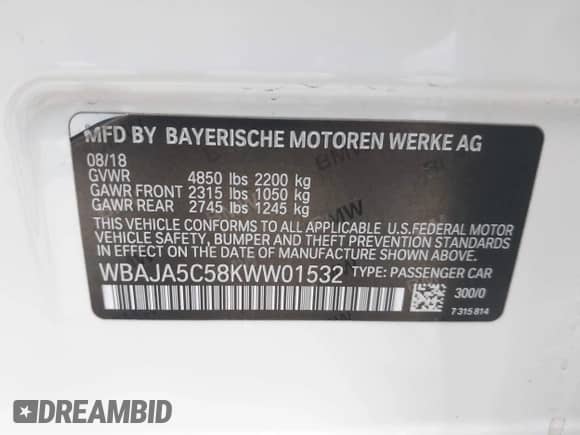 2019 BMW 5 Series 530i с VIN WBAJA5C58KWW01532, выставлен на аукционе IAAI как лот 42815872 с пробегом 125 071 миль миль и . История ставок и продаж доступна на DreamBid. Изображение 9.