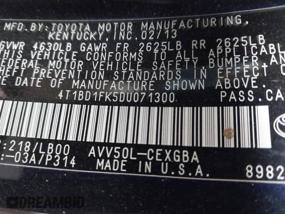 2013 Toyota Camry LE z VIN 4T1BD1FK5DU071300, wystawiony jako IAAI lot #43333370 z przebiegiem 175 536 mil mil oraz . Historia ofert i sprzedaży dostępna na DreamBid. Obrazek 9.