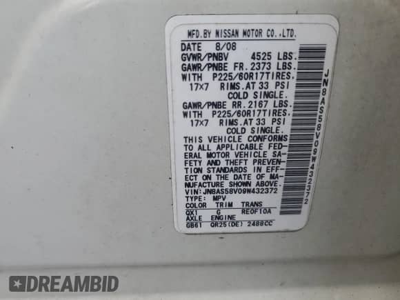 2009 Nissan Rogue S with VIN JN8AS58V09W432372, listed as a Copart auction lot 82467325 with 184,223 mi miles and Salvage title. Bid and sale history available at DreamBid. Image 12.