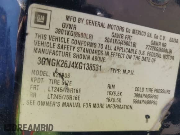 1999 Chevrolet Suburban with VIN 3GNGK26J4XG138531, listed as a IAAI auction lot 42677304 with 172,361 mi miles and . Bid and sale history available at DreamBid. Image 9.