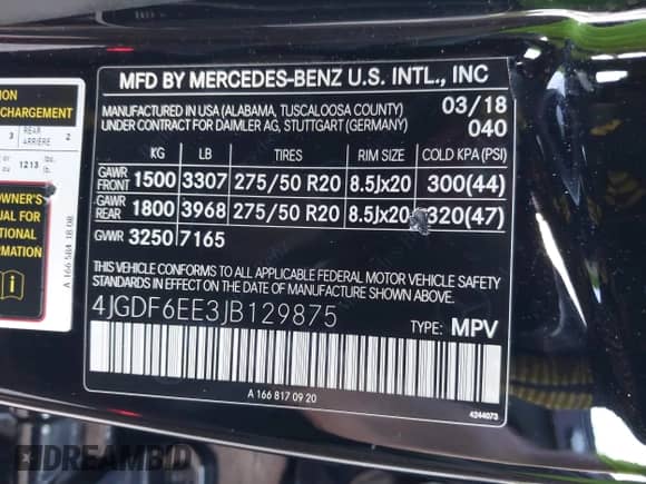 2018 Mercedes-Benz GLS 450 with VIN 4JGDF6EE3JB129875, listed as a IAAI auction lot 43532640 with 188,627 mi miles and . Bid and sale history available at DreamBid. Image 9.