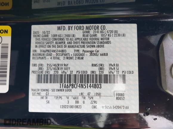 2022 Ford Mustang GT with VIN 1FA6P8CF4N5144803, listed as a IAAI auction lot 42818749 with 22,945 mi miles and . Bid and sale history available at DreamBid. Image 9.