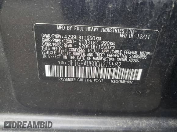 2012 Subaru Impreza Special Sports Limited z VIN JF1GPAU60CH215582, wystawiony jako Copart lot #83829165 z przebiegiem 130 765 mil mil oraz Czysty tytuł • Clean title. Historia ofert i sprzedaży dostępna na DreamBid. Obrazek 12.