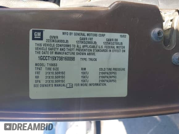 2003 Chevrolet S-10 LS с VIN 1GCCT19X738160098, выставлен на аукционе IAAI как лот 42596022 с пробегом 181 109 миль миль и . История ставок и продаж доступна на DreamBid. Изображение 9.