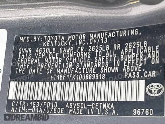 2013 Toyota Camry LE с VIN 4T1BF1FK1DU689918, выставлен на аукционе IAAI как лот 43580240 с пробегом 137 212 миль миль и . История ставок и продаж доступна на DreamBid. Изображение 9.