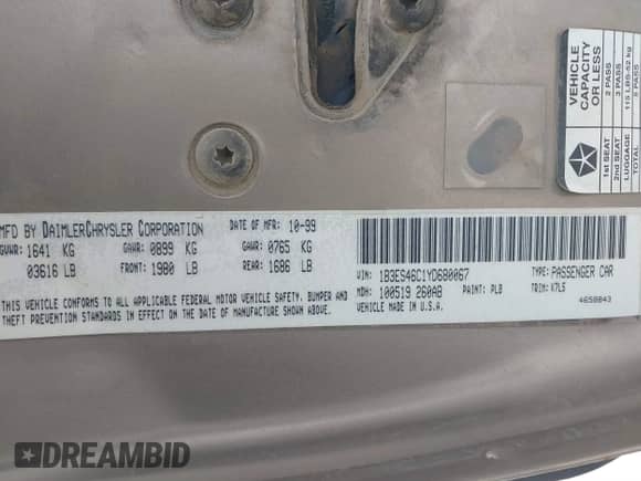 2000 Dodge Neon Highline z VIN 1B3ES46C1YD680067, wystawiony jako IAAI lot #41461937 z przebiegiem 254 719 mil mil oraz . Historia ofert i sprzedaży dostępna na DreamBid. Obrazek 9.