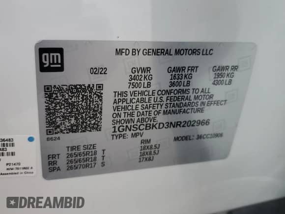 2022 Chevrolet Suburban LS с VIN 1GNSCBKD3NR202966, выставлен на аукционе Copart как лот 62021864 с пробегом 35 851 миль миль и Списание • Salvage title. История ставок и продаж доступна на DreamBid. Изображение 13.