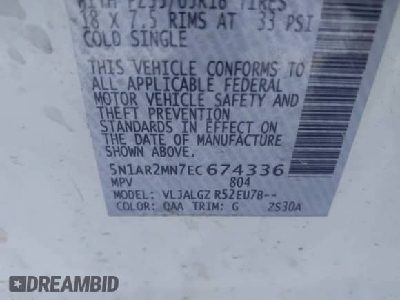 2014 Nissan Pathfinder SV z VIN 5N1AR2MN7EC674336, wystawiony jako IAAI lot #43401427 z przebiegiem 193 493 mil mil oraz . Historia ofert i sprzedaży dostępna na DreamBid. Obrazek 9.