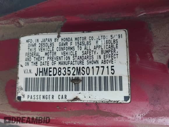 1991 Honda Civic с VIN JHMED8352MS017715, выставлен на аукционе IAAI как лот 42007974 с пробегом 185 009 миль миль и . История ставок и продаж доступна на DreamBid. Изображение 9.