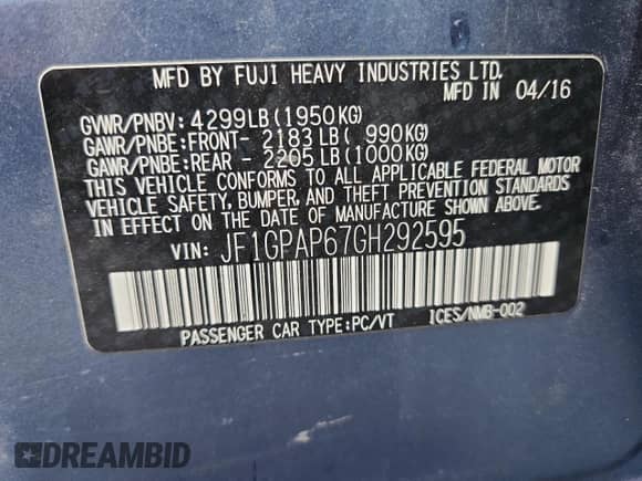 2016 Subaru Impreza Special Sports Premium с VIN JF1GPAP67GH292595, выставлен на аукционе Copart как лот 70569865 с пробегом 180 743 миль миль и Списание • Salvage title. История ставок и продаж доступна на DreamBid. Изображение 13.