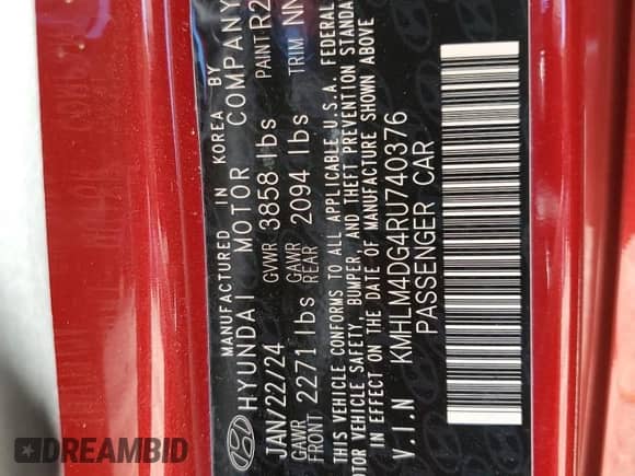 2024 Hyundai Elantra SEL with VIN KMHLM4DG4RU740376, listed as a Copart auction lot 86698385 with 26,333 mi miles and Salvage title. Bid and sale history available at DreamBid. Image 13.