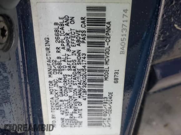 2002 Toyota Camry XLE with VIN 4T1BF32K02U541743, listed as a Copart auction lot 86109385 with Not provided miles and Clean title. Bid and sale history available at DreamBid. Image 12.
