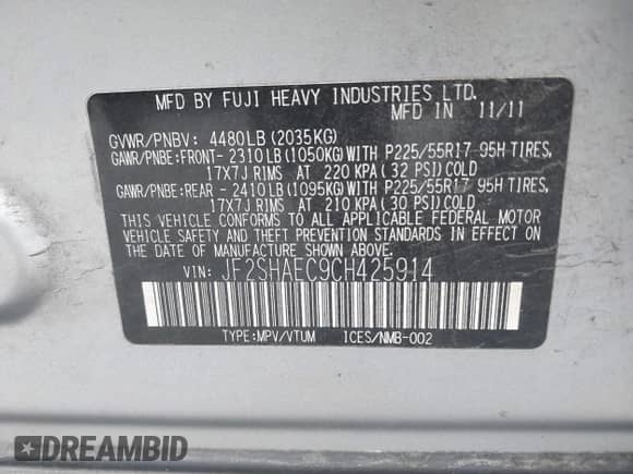 2012 Subaru Forester X Limited z VIN JF2SHAEC9CH425914, wystawiony jako IAAI lot #43027370 z przebiegiem 178 839 mil mil oraz . Historia ofert i sprzedaży dostępna na DreamBid. Obrazek 9.