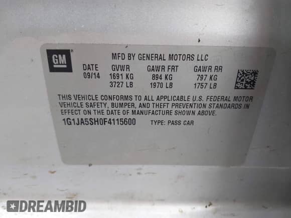 2015 Chevrolet Sonic LS с VIN 1G1JA5SH0F4115600, выставлен на аукционе IAAI как лот 42693028 с пробегом 129 411 миль миль и . История ставок и продаж доступна на DreamBid. Изображение 9.