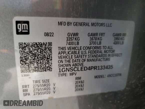 2023 Chevrolet Tahoe Commercial with VIN 1GNSCLED4PR133435, listed as a Copart auction lot 58932485 with 64,753 mi miles and Salvage title. Bid and sale history available at DreamBid. Image 12.