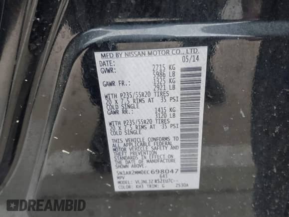 2014 Nissan Pathfinder SV z VIN 5N1AR2MM0EC698047, wystawiony jako IAAI lot #41838837 z przebiegiem 159 818 mil mil oraz . Historia ofert i sprzedaży dostępna na DreamBid. Obrazek 9.