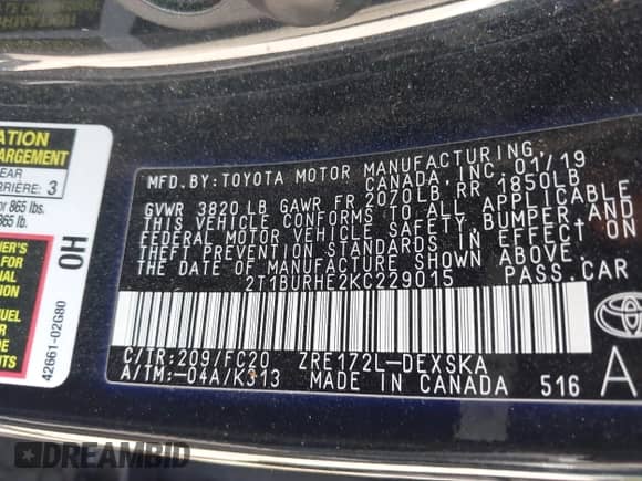 2019 Toyota Corolla L z VIN 2T1BURHE2KC229015, wystawiony jako IAAI lot #43198359 z przebiegiem 74 162 mil mil oraz . Historia ofert i sprzedaży dostępna na DreamBid. Obrazek 9.