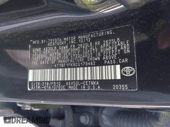 2012 Toyota Camry L with VIN 4T1BF1FK6CU179482, listed as a IAAI auction lot 43298908 with 134,156 mi miles and . Bid and sale history available at DreamBid. Image 9.