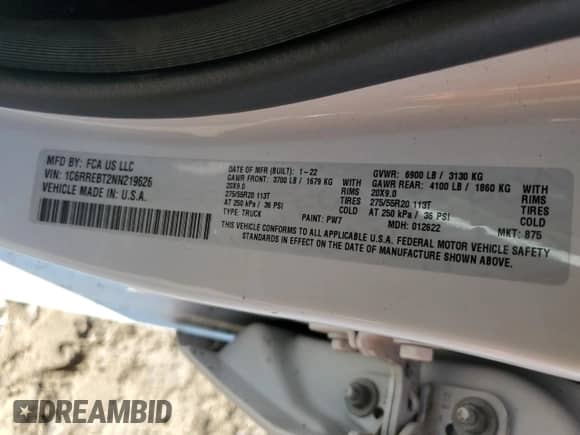 2022 Ram 1500 Big Horn with VIN 1C6RREBT2NN219626, listed as a Copart auction lot 69264615 with Not provided miles and Non repairable. Bid and sale history available at DreamBid. Image 12.