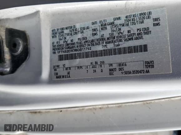 2011 Ford Econoline Cargo Commercial с VIN 1FTNS2EW3BDB11792, выставлен на аукционе Copart как лот 65338425 с пробегом Не указан миль и Чистый • Clean title. История ставок и продаж доступна на DreamBid. Изображение 13.