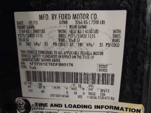 2013 Ford F-150 XL z VIN 1FTFW1ET6DFB60176, wystawiony jako IAAI lot #43158357 z przebiegiem 141 134 mil mil oraz . Historia ofert i sprzedaży dostępna na DreamBid. Obrazek 9.