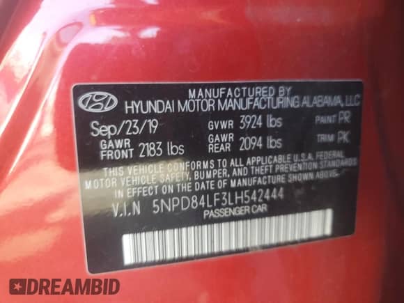 2020 Hyundai Elantra SEL with VIN 5NPD84LF3LH542444, listed as a Copart auction lot 86151795 with 39,375 mi miles and Salvage title. Bid and sale history available at DreamBid. Image 12.