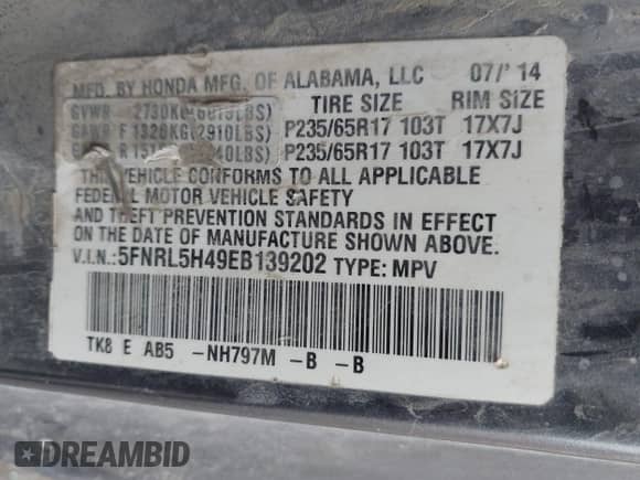 2014 Honda Odyssey EX с VIN 5FNRL5H49EB139202, выставлен на аукционе IAAI как лот 43404334 с пробегом 242 211 миль миль и . История ставок и продаж доступна на DreamBid. Изображение 9.