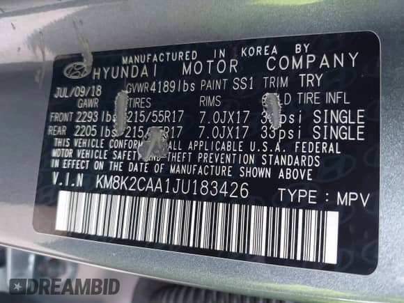 2018 Hyundai Kona SEL z VIN KM8K2CAA1JU183426, wystawiony jako IAAI lot #43394507 z przebiegiem 76 961 mil mil oraz . Historia ofert i sprzedaży dostępna na DreamBid. Obrazek 9.