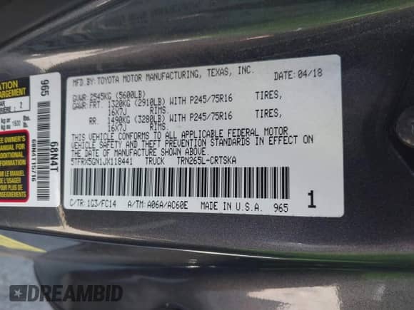 2018 Toyota Tacoma SR with VIN 5TFRX5GN1JX118441, listed as a IAAI auction lot 41870266 with 95,612 mi miles and . Bid and sale history available at DreamBid. Image 9.
