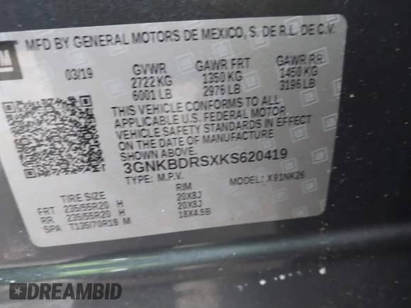 2019 Chevrolet Blazer with VIN 3GNKBDRSXKS620419, listed as a IAAI auction lot 41511812 with 57,508 mi miles and . Bid and sale history available at DreamBid. Image 9.