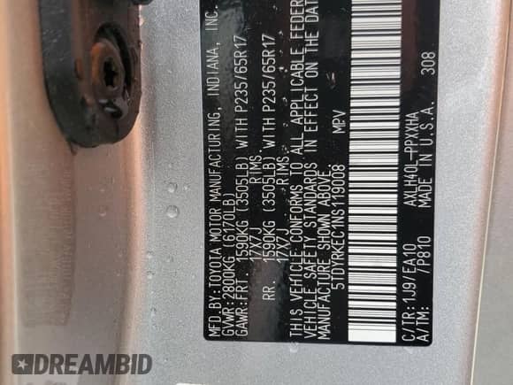 2022 Toyota Sienna XLE with VIN 5TDYRKEC1NS119008, listed as a Copart auction lot 81078615 with 82,580 mi miles and Salvage title. Bid and sale history available at DreamBid. Image 13.