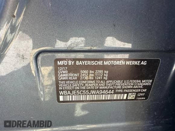 2018 BMW 5 Series 540i with VIN WBAJE5C55JWA94644, listed as a Copart auction lot 85642675 with 99,253 mi miles and Clean title. Bid and sale history available at DreamBid. Image 10.