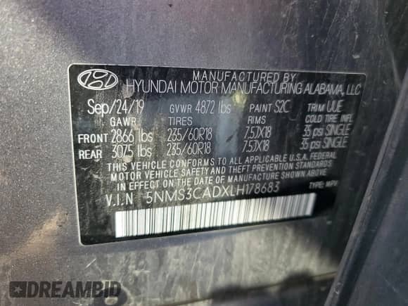 2020 Hyundai Santa Fe SEL с VIN 5NMS3CADXLH178683, выставлен на аукционе Copart как лот 70299465 с пробегом 85 816 миль миль и Списание • Salvage title. История ставок и продаж доступна на DreamBid. Изображение 13.