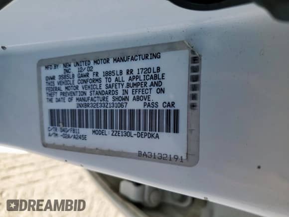 2003 Toyota Corolla CE with VIN 1NXBR32E33Z131067, listed as a Copart auction lot 85311355 with 109,801 mi miles and Salvage title. Bid and sale history available at DreamBid. Image 12.