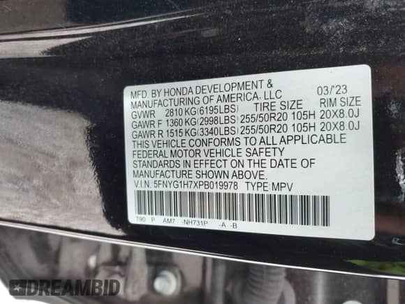 2023 Honda Pilot Touring с VIN 5FNYG1H7XPB019978, выставлен на аукционе IAAI как лот 42808228 с пробегом 50 942 миль миль и . История ставок и продаж доступна на DreamBid. Изображение 9.